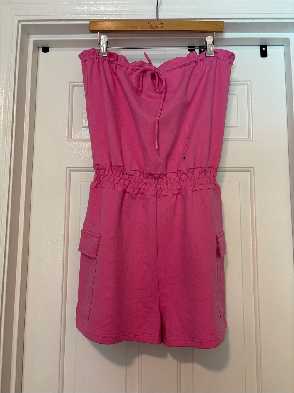 Strapless Hot Pink Cargo Romper with Drawstring Top and Elastic Waist.
